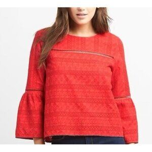 Gap Eyelet Bell Sleeve Top Womens Large Red Boho Peasant‎ Preppy Romantic